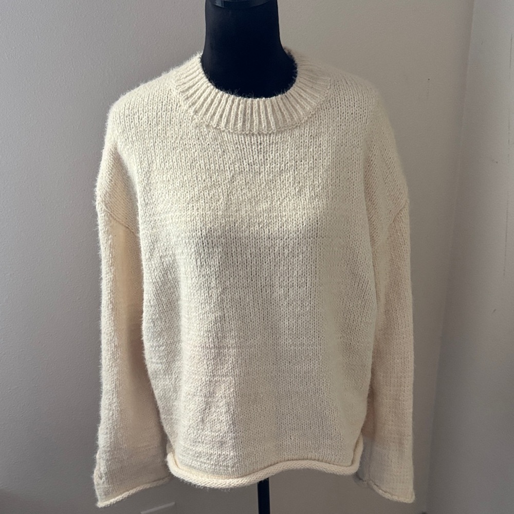 FATE Cozy Cream Women's Sweater rolled hem bell sleeves braided sude detailing L